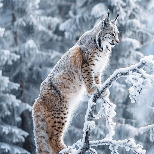 Lynx perched on a frost-covered tree, surveying the winter wonderland