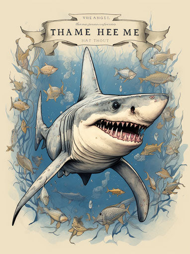 Blue and white hammerhead shark with quote in background