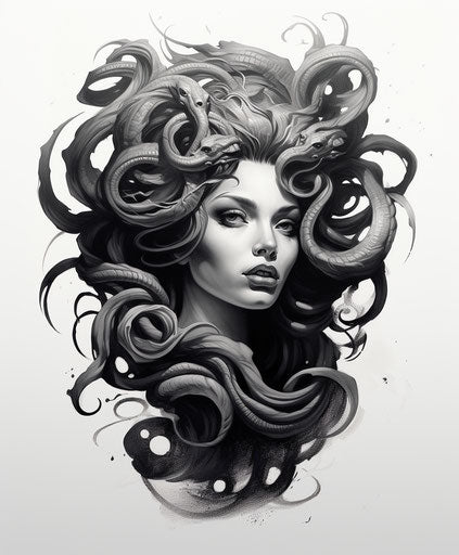 Black and white medusa tattoo, captivating 5:6