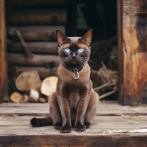 Burmese cat sitting in front of a log cabin