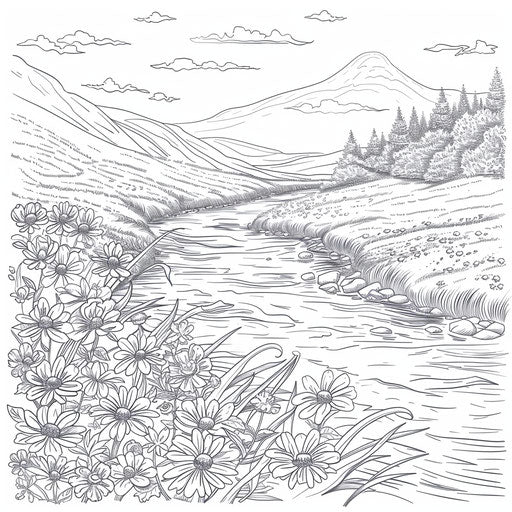 Peaceful river in serene valley with wildflowers