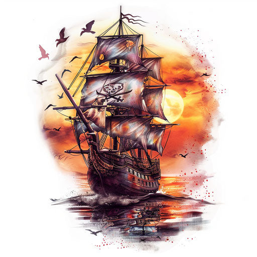 Romantic tattoo sketch of a pirate ship at sunset