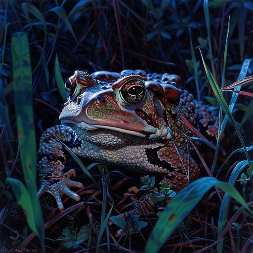 The bright eyes of a Western leopard toad standing out in a dimly lit underbrush at twilight.