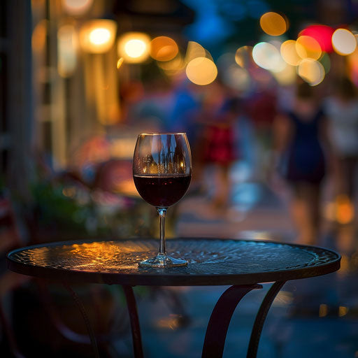 Glass of red wine on a small table in a busy Blue Ridge mountain town on a warm summer night