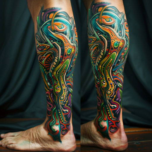 Abstract and colorful biomechanical leg tattoo for men