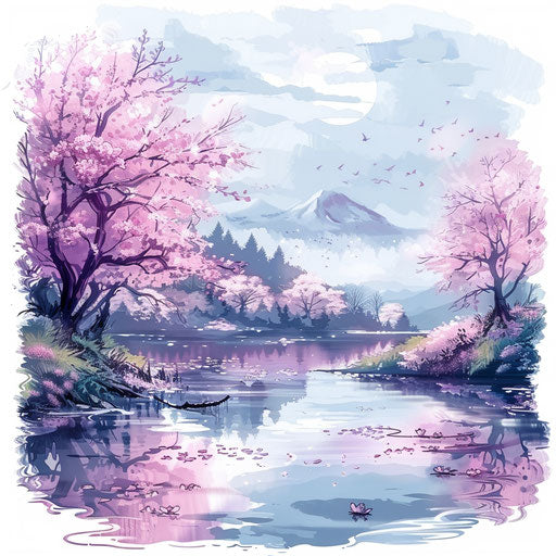 Anime landscape with serene lake and cherry blossoms