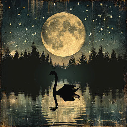 Swan silhouette against full moon on tranquil lake