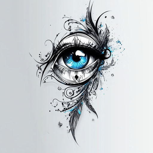 Eye tattoo on arm with tribal motifs and sharp edges