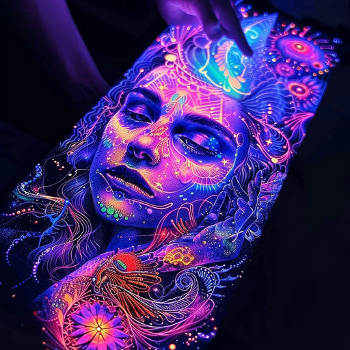 Surreal tattoo sketch of Aphrodite merging with celestial elements in vibrant neon colors