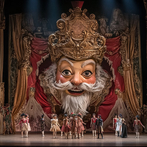 Dramatic scene from The Nutcracker ballet with giant Nutcracker backdrop and dancers in elaborate costumes