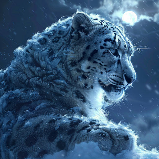 Ethereal snow leopard of ice and snow under moonlight