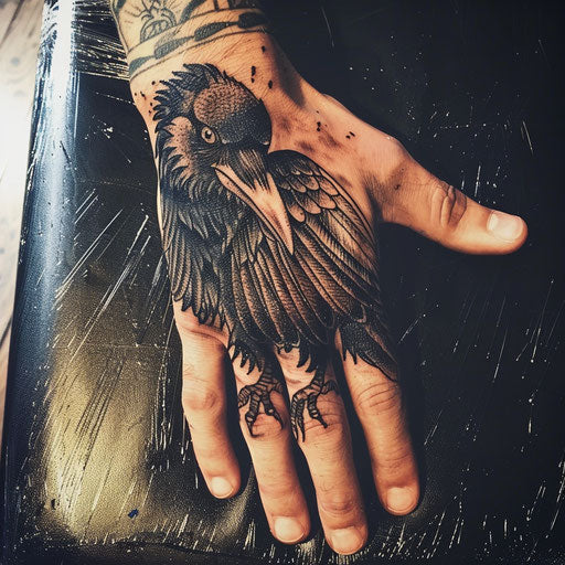 Hand tattoo designs of a raven, in the style of Adrian Smith