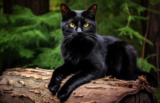 Black cat on old wood stump in wiccan style, distinct facial features, photo taken with provia, petcore, handsome, avocadopunk, repetitive 17:11