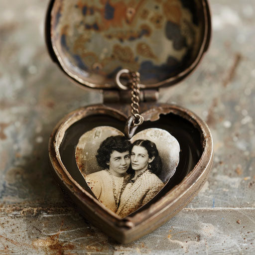 Cherished photo in heart locket on vintage background