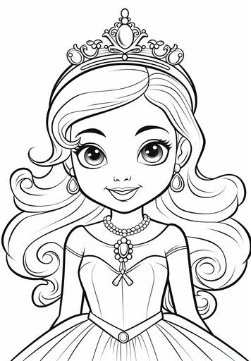 Princess coloring page, playful caricature style