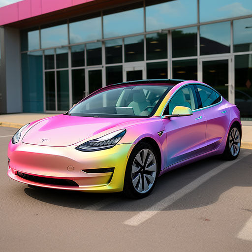 Electric car shining in rainbow colors