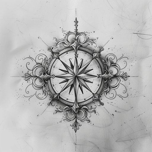 Tattooed compass rose with filigree details in black and grey