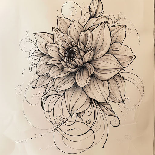 Art nouveau style dahlia tattoo sketch with flowing lines