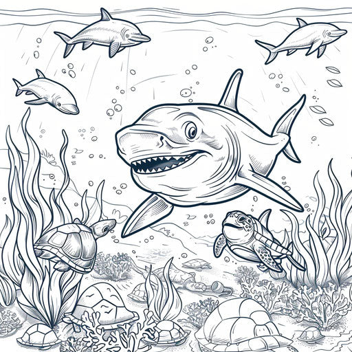 Friendly shark swimming with dolphins and turtles