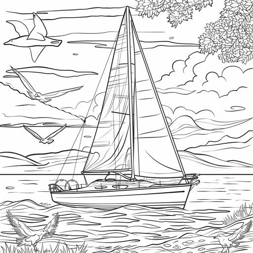 Sailboat on calm waters with seagulls. Coloring page