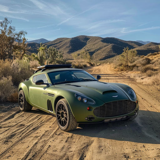 Matte military green Aston Martin DB7 Zagato with roof rack on remote dirt road