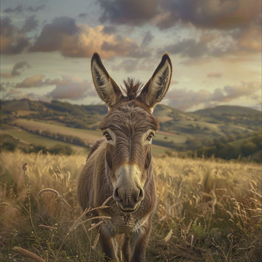 Donkey braying in a field with rolling hills
