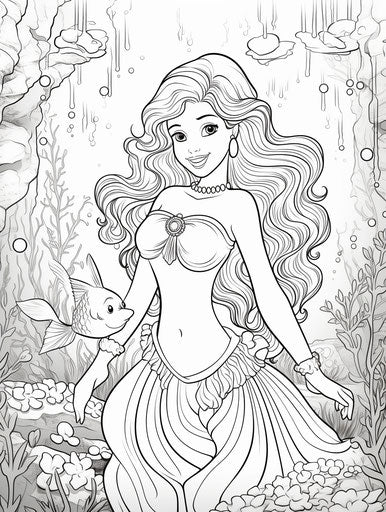 Coloring page of the little mermaid in dappled style