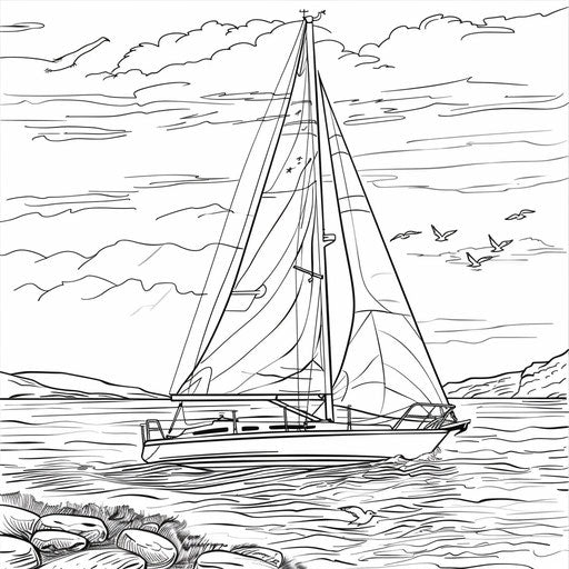Sailboat on calm waters with seagulls. Coloring book page