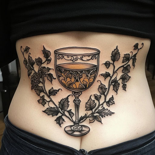 tattoos and alcohol with a vintage wine glass surrounded by vines on lower back