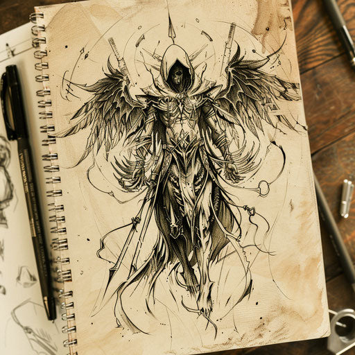 Tribal tattoo sketch of the angel of death with native patterns, in black and earthy tones