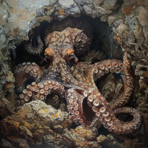 Mother octopus protecting her eggs in a hidden undersea cave, moment of maternal instinct