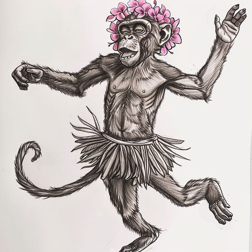 Dancing monkey in hula skirt, tropical festive tattoo drawing