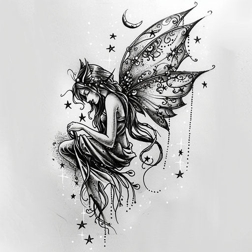 Celestial fairy tattoo design with stars and moons