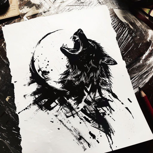 Black tattoo illustrating a wolf howling at the moon, on white paper