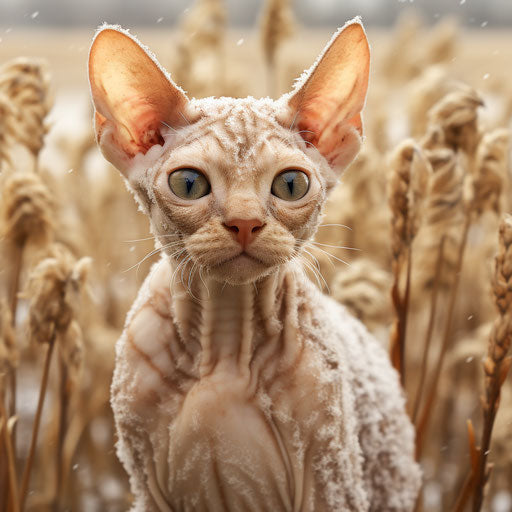 Devon Rex cat in a field while snowing