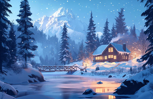 Winter cabin in mountains with snow and bridge over peaceful lake