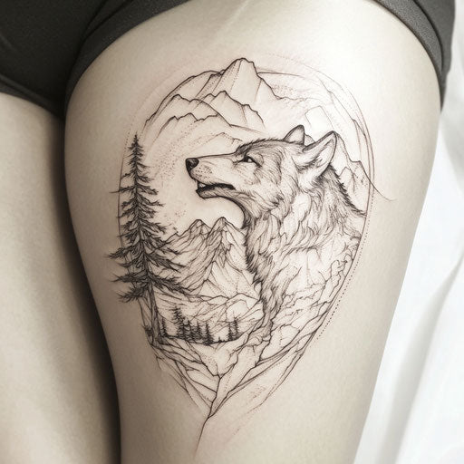 Sketch of inner thigh tattoo with a howling wolf and mountain range background
