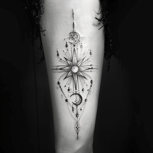 Mystical flat tattoo sketch of the North Star with enchanting moon phases and shimmering silver accents