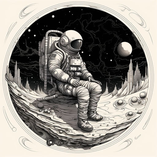 Astronaut sitting on the moon in cybermysticpunk style
