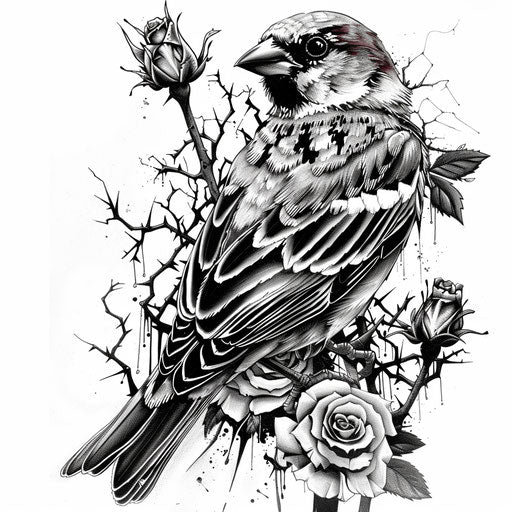 Gothic sparrow surrounded by dark roses and thorns, in black and grey ink, on a white background.