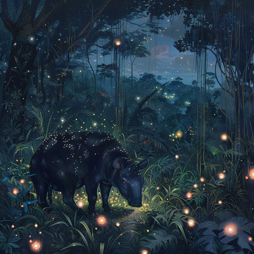 Enchanting night scene with a Baird's tapir illuminated by fireflies in the jungle