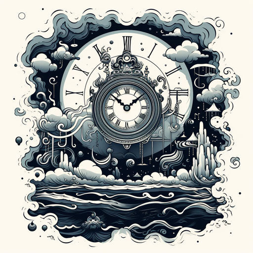 Clock and cloud in cosmic illustration style