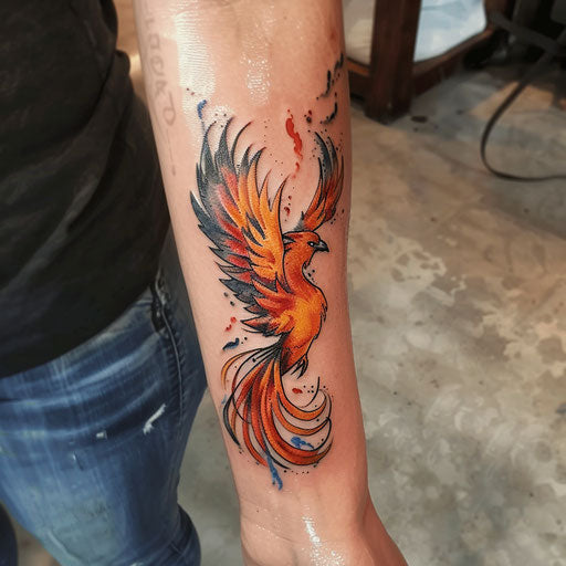 Phoenix wrist tattoo in the style of David Palumbo