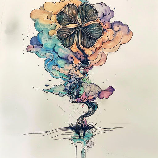 Surreal tattoo sketch of a black clover merging into an abstract dreamlike landscape in pastel colors