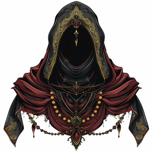 Fantasy hood with bold jewel tones and golden accents