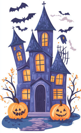 Haunted house with pumpkins, spooky design for Halloween-themed wall art.
