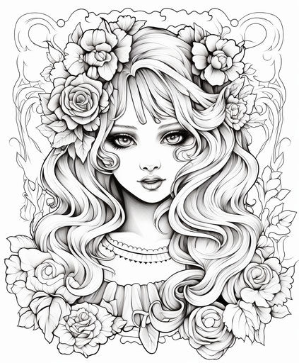 Coloring pages, charming anime characters gothic ornate 5:6