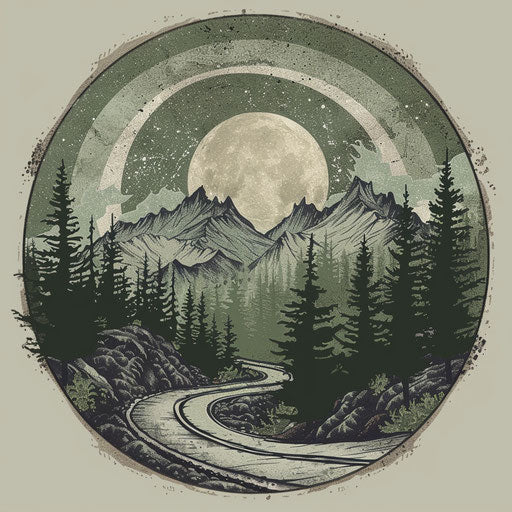 Adventurous flat tattoo sketch of a mountain road spiral