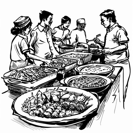 Multicultural potluck event in black and white clipart