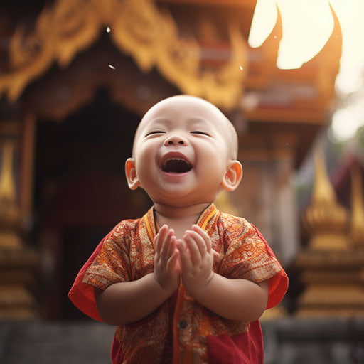 Adorable Thai child having fun outside a temple